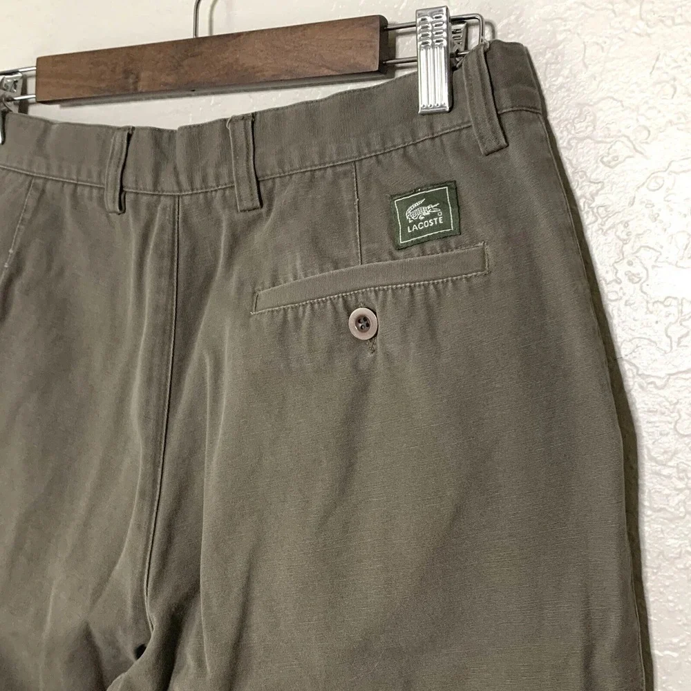 Vtg LACOSTE Pants Mens 34 Preppy Olive Brown Chino Slacks Pleated Front Academia